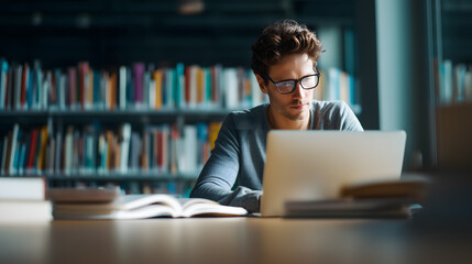 Focused adult professional studying online in library, surrounded by books, using laptop for learning and personal development