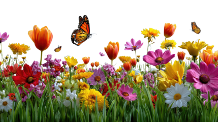 Blooming Floral Paradise: A vibrant panorama of colorful wildflowers and butterflies in a bright, blossoming field, creating a captivating spectacle of nature's beauty. 