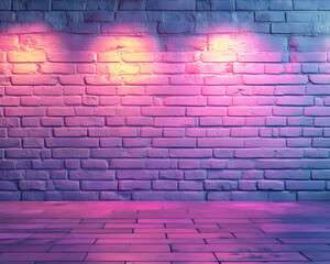 Pastel Pink Brick Wall Background with Neon Lights and Floor Texture