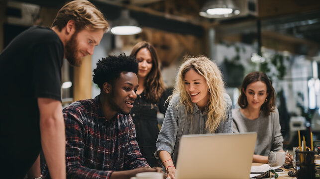 Diverse group of creators collaborating in modern workspace, sharing ideas and working on project together, showcasing teamwork and creativity
