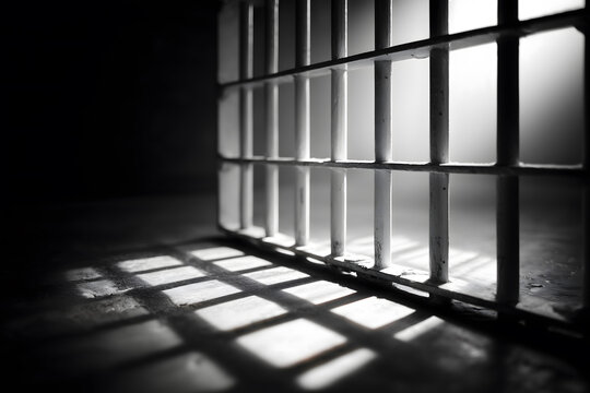 Dramatic view of prison cell bars casting shadows on floor, evoking sense of confinement and isolation