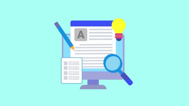 Animated illustration of digital copywriting and SEO optimization showing a computer screen with writing content magnifying glass and idea lightbulb in a modern flat design style