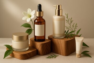 Premium cosmetic product display with natural wood pedestals and botanical styling