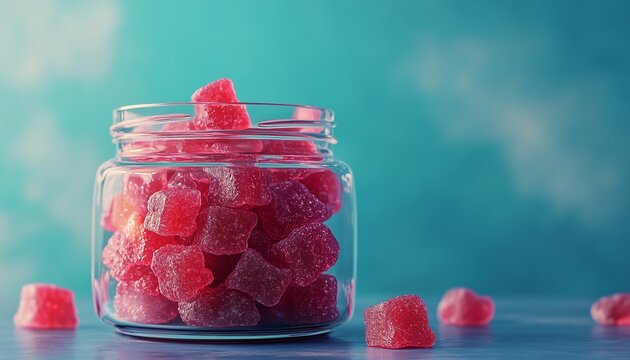 Red beet gummy candy multivitamin fruit snack food for kids on glass jar