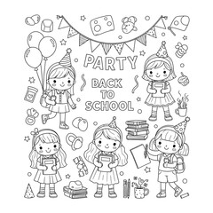 Cute cartoon girls celebrating back to school party isolated on transparent background