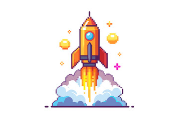 bit rocket icon blasting upward pixel flames