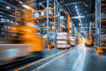 Fototapeta premium Efficient Warehouse Operations Modern Facility Industrial Scene Dynamic Environment Aerial View Automation