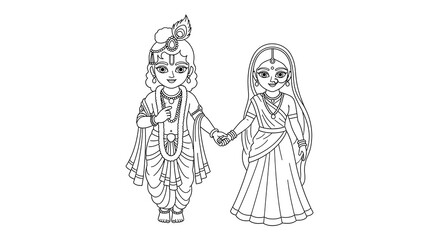 Fototapeta premium Charming illustration of lord krishna and radha holding hands isolated on transparent background
