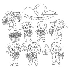 Children celebrating harvest festival with lanterns and baskets of fruit isolated on transparent background