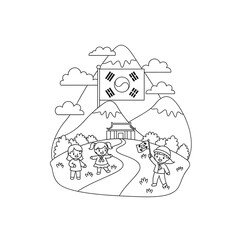 Obraz premium Children celebrating korean independence day with flag and traditional building isolated on transparent background