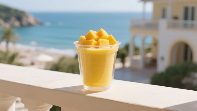 Mango smoothie with chunks served in a clear cup on a balcony overlooking the beach and sea.