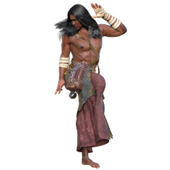 3D rendered mystical warrior with tribal accessories and flowing black hair, isolated on transparent background