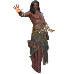 Obraz premium 3D rendered mystical warrior with tribal accessories and flowing black hair, isolated on transparent background