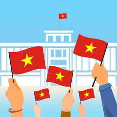 Vietnamese flags held high at Dinh Doc Lap celebration flat design