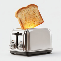 Toaster with golden bread slice popping up, chrome finish, isolated on transparent background, crisp product render