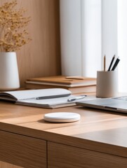 A serene workspace featuring a modern desk with stationery, a laptop, and decorative elements
