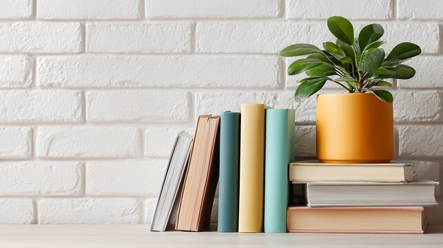 Pastel plain book mockup stack and leaning spines with green plant on wooden desk against white brick wall bright minimal design scene ideal for digital placement or text overlay - Powered by Adobe