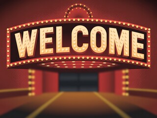 Vintage marquee sign with welcome text and illuminated bulbs