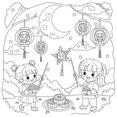 Two cute children holding lanterns and mooncakes under the moon isolated on transparent background
