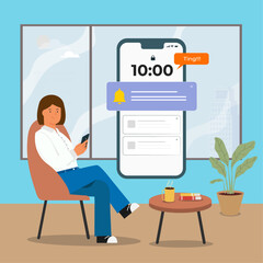 Woman checking phone notifications while sitting vector illustration