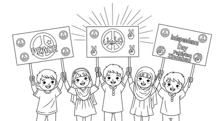 Diverse children holding signs promoting peace and pakistan independence day isolated on transparent background