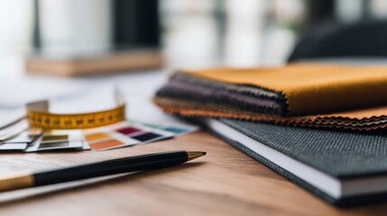 Close-up of fabric swatches, color samples, and measuring tape on a wooden workspace table