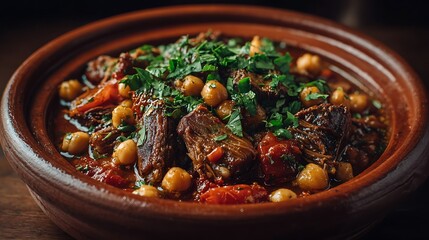 Rian lamb and chickpea stew simmers in clay pot