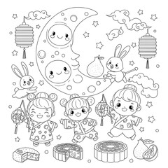 Cute cartoon children and bunnies celebrating moon festival with lanterns and mooncakes isolated on transparent background