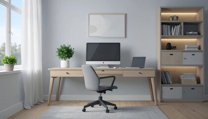 A serene and tidy modern home office is bathed in natural light, inviting focus and productivity