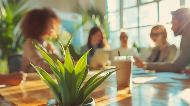 Diverse team collaboration in modern office with indoor plants and sunlight