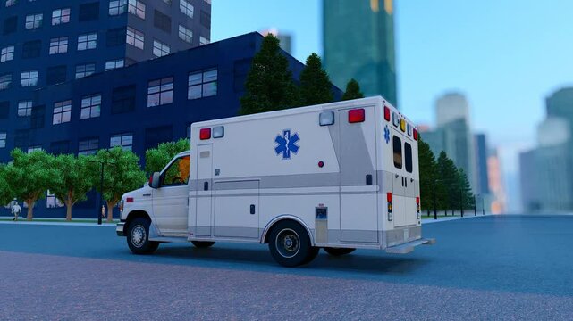 Ambulance speeds through empty city streets