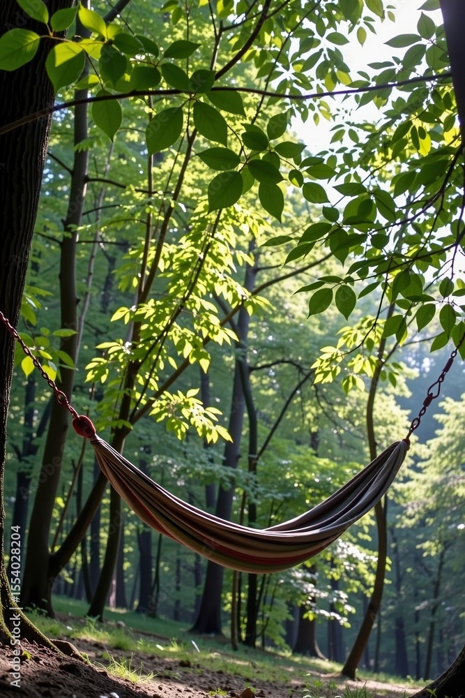 Poster a striped hammock hangs between trees in a lush forest, bathed in soft sunlight filtering through gr