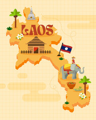 Laos map with cultural symbols and heritage icons vector illustration