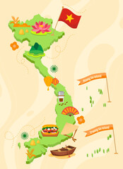 Vietnam map with cultural symbols and heritage icons vector illustration

