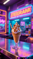 Ice Cream Dessert Under Neon Lights