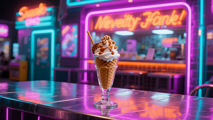 Ice Cream Dessert Under Neon Lights