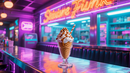 Ice Cream Dessert Under Neon Lights