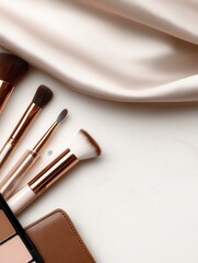 Elegant arrangement of makeup brushes and palette on a marble surface with soft fabric backdrop