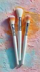 Fototapeta premium Professional Makeup Brushes Mockup Template Set on Colorful Pastel Textured Background for Beauty Product Branding and Cosmetic Advertisement Design Resource Concept