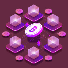 Blockchain technology and Bitcoin cryptocurrency vector illustration