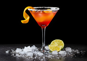 Orange Cocktail with Salted Rim, Lime, and Orange Peel Garnish | Refreshing Alcoholic Beverage for Bar Menus, Party Invitations, and Summer Promotions