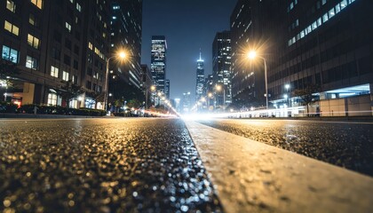 Low angle shot of urban street at night capturing glowing city lights and motion blur vehicles.