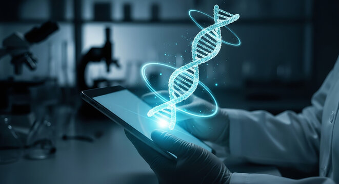 Scientist Holding a Tablet with a Holographic DNA Helix
