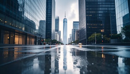Modern city scene featuring tall buildings reflected on a wet street after a recent light rainfall.
