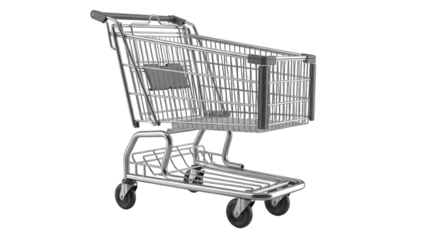 Metal shopping cart isolated on black background for retail grocery store and supermarket use on transparent background
