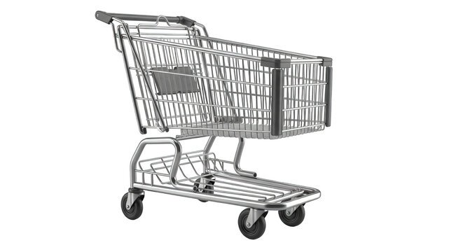 Metal shopping cart isolated on black background for retail grocery store and supermarket use on transparent background