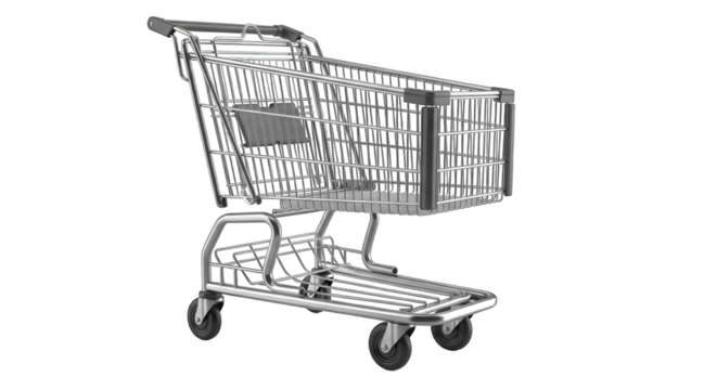 Metal shopping cart isolated on black background for retail grocery store and supermarket use on transparent background