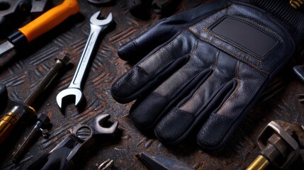 Fototapeta premium Close-up of a work glove among various tools on a textured surface, showcasing craftsmanship and readiness