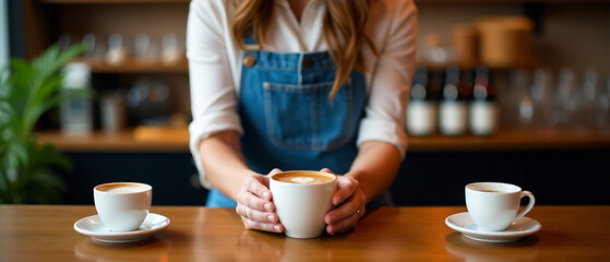 Beautiful barista serving coffee with a smile in a cozy coffee shop setting. Generative AI. Focus on warm lighting and inviting atmosphere.