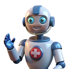 3D Render of Friendly Medical Robot with Headset and Healthcare Symbol Waving Hand